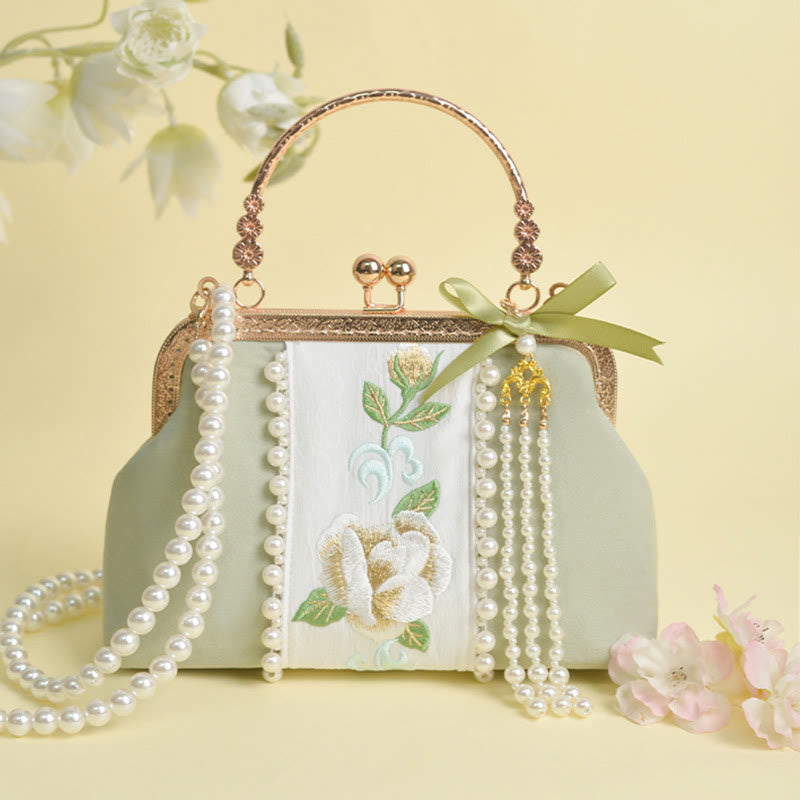 Buddhist Blessing Double-sided Flowers Embroidery Pearl Pendant Metal Chain Crossbody Bag Handbags