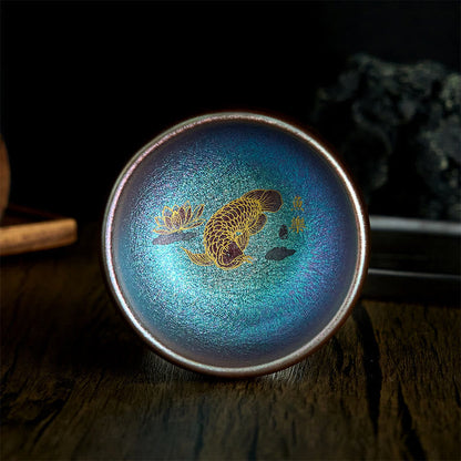Buddhist Blessing Handmade Chinese Jianzhan Koi Fish Lotus Leaf Ceramic Teacup Kung Fu Tea Cup 150ml