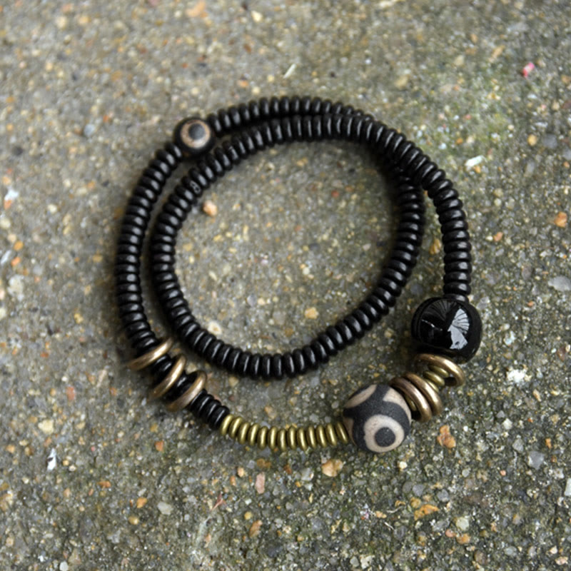 Buddhist Blessing Ebony Wood Green Sandalwood Copper Brass Dzi Bead Black Onyx Calm Double Wrap Bracelet