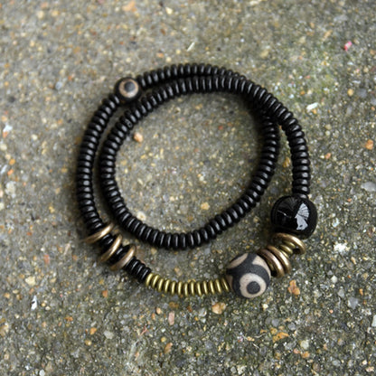 Buddhist Blessing Ebony Wood Green Sandalwood Copper Brass Dzi Bead Black Onyx Calm Double Wrap Bracelet