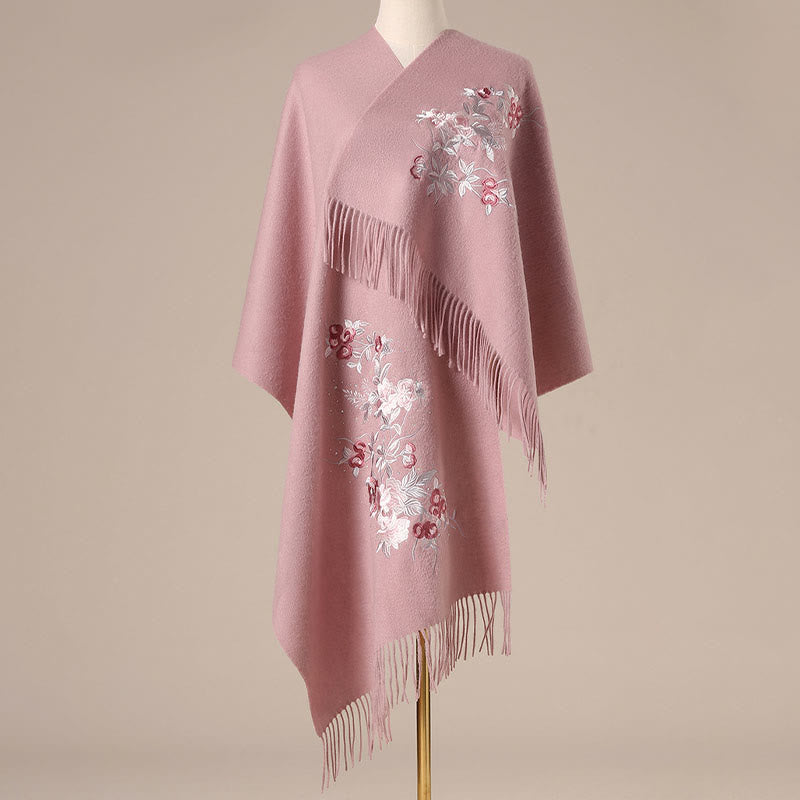 Buddhist Blessing Wool Shawl Red Flower Silver Leaves Embroidery Tassel Winter Cozy Travel Scarf Wrap