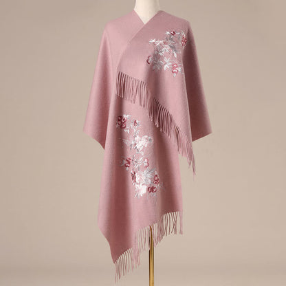 Buddhist Blessing Wool Shawl Red Flower Silver Leaves Embroidery Tassel Winter Cozy Travel Scarf Wrap