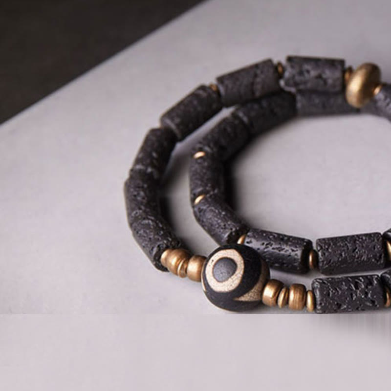Buddhist Blessing Vintage Lava Rock Three-eyed Dzi Bead Copper Brass Multi-turn Wrap Calm Bracelet