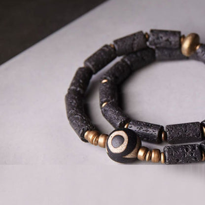 Buddhist Blessing Vintage Lava Rock Three-eyed Dzi Bead Copper Brass Multi-turn Wrap Calm Bracelet