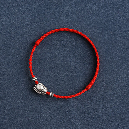 Buddhist Blessing Handmade 999 Sterling Silver Rabbit Luck Rope Bracelet Anklet