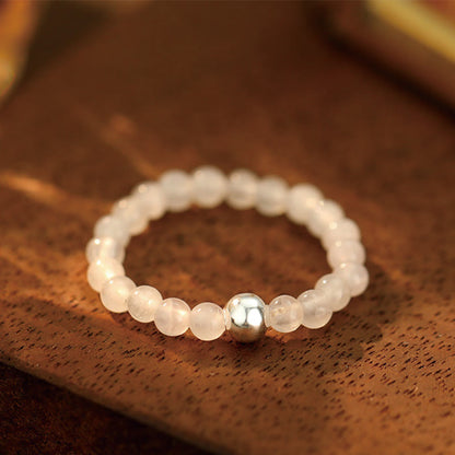 Buddhist Blessing 925 Sterling Silver Crystal Beads White Jade Black Onyx Blessing Elastic Ring