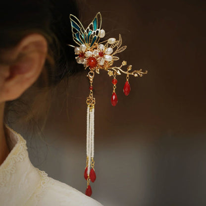 Buddhist Blessing Classical Chinese Style Flower Branche Butterfly Pearl Tassel Hair Clip Hair Comb Hair Crown