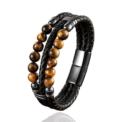 Buddhist Blessing Tiger Eye Hematite Lava Rock Black Onyx Lazurite Beads Protection Strength Leather Bracelet