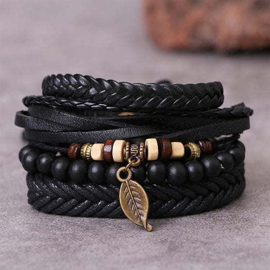 Buddhist Blessing Leaf Multi-layer Twisted Leather Resin Beads Courage Bracelet Set