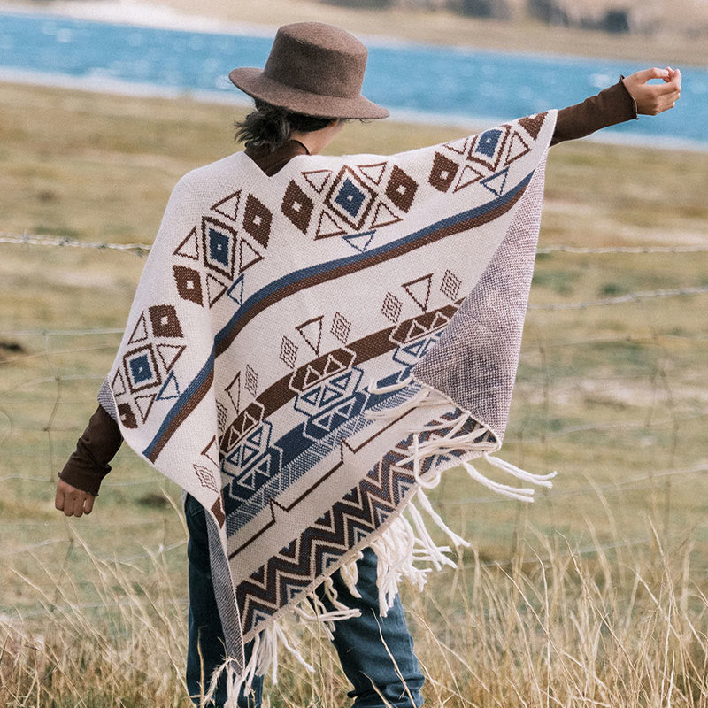 Buddhist BlessingTibetan Wave Stripe Geometry Tassels Shawl Fall Winter Cozy Scarf Wrap