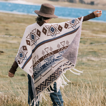 Buddhist BlessingTibetan Wave Stripe Geometry Tassels Shawl Fall Winter Cozy Scarf Wrap