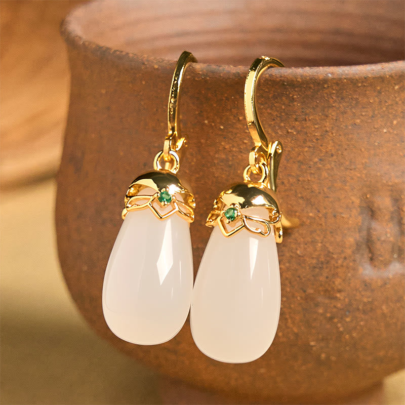 Buddhist Blessing Green Chalcedony Water Drop Strength Copper Posts Earrings