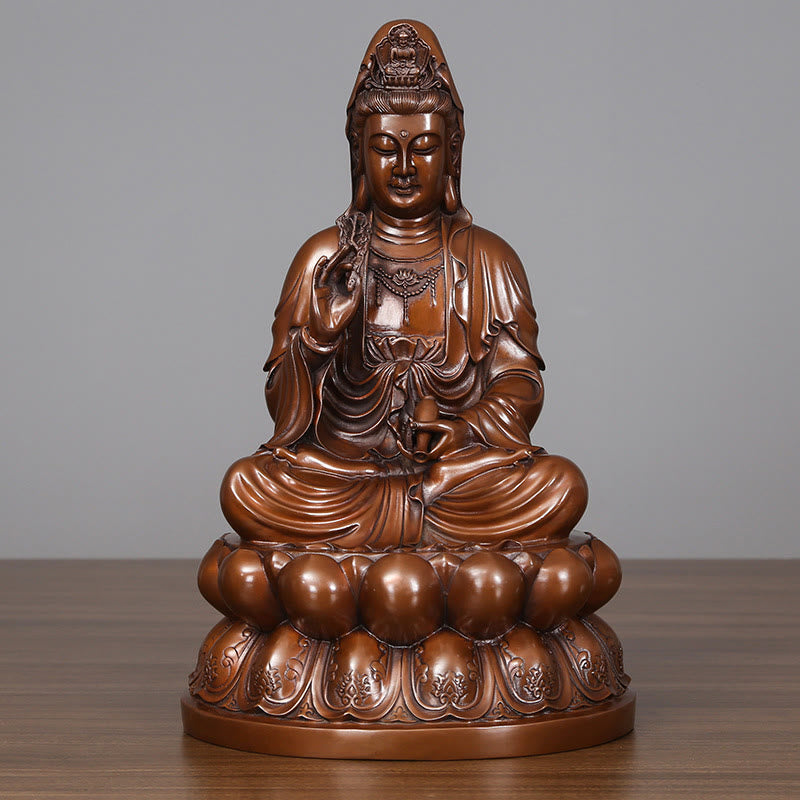 Buddhist Blessing Kwan Yin Avalokitesvara Lotus Wealth Copper Statue Home Desk Decoration