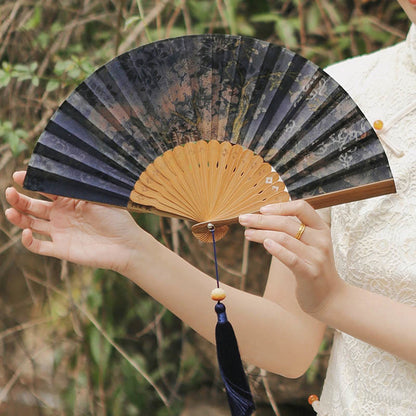 Buddhist Blessing Flower Persimmon Bamboo Leaves Xiangyunsha Silk Handheld Bamboo Folding Fan
