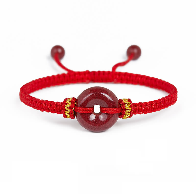 Buddhist Blessing Handmade Cinnabar Round Peace Buckle Concentration Braided Bracelet