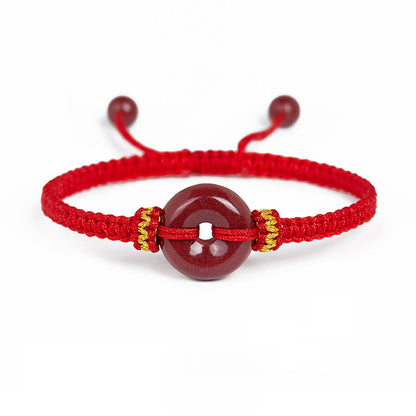 Buddhist Blessing Handmade Cinnabar Round Peace Buckle Concentration Braided Bracelet