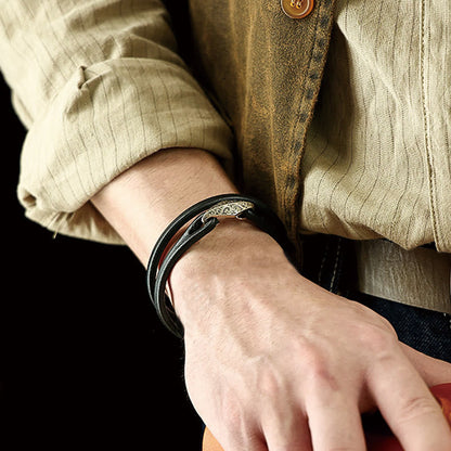 Buddhist Blessing 925 Sterling Silver Leather Multi-turn Protection Bracelet