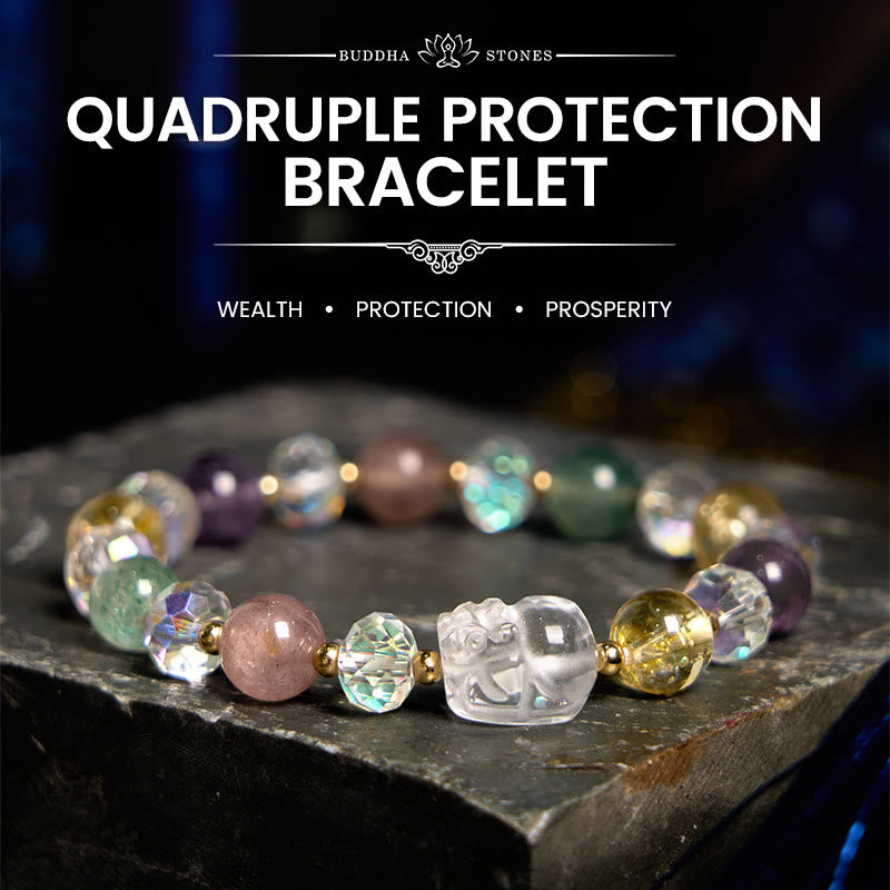 Buddhist Blessing PiXiu White Crystal Citrine Green Strawberry Quartz Amethyst Luck Bracelet