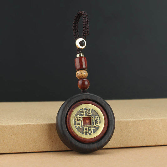 Buddhist Blessing Copper Coin Attract Wealth Ebony Wood Red Sandalwood Luck Key Chain Decoration