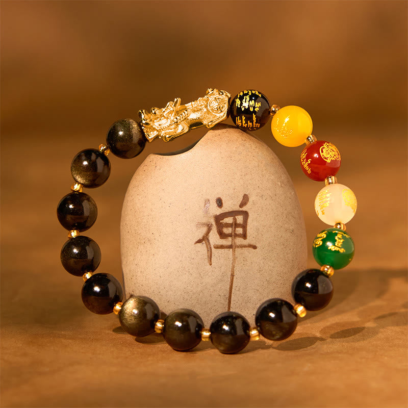 Buddhist Blessing Natural Gold Sheen Obsidian PiXiu Five Directions Gods of Wealth Protection Bracelet