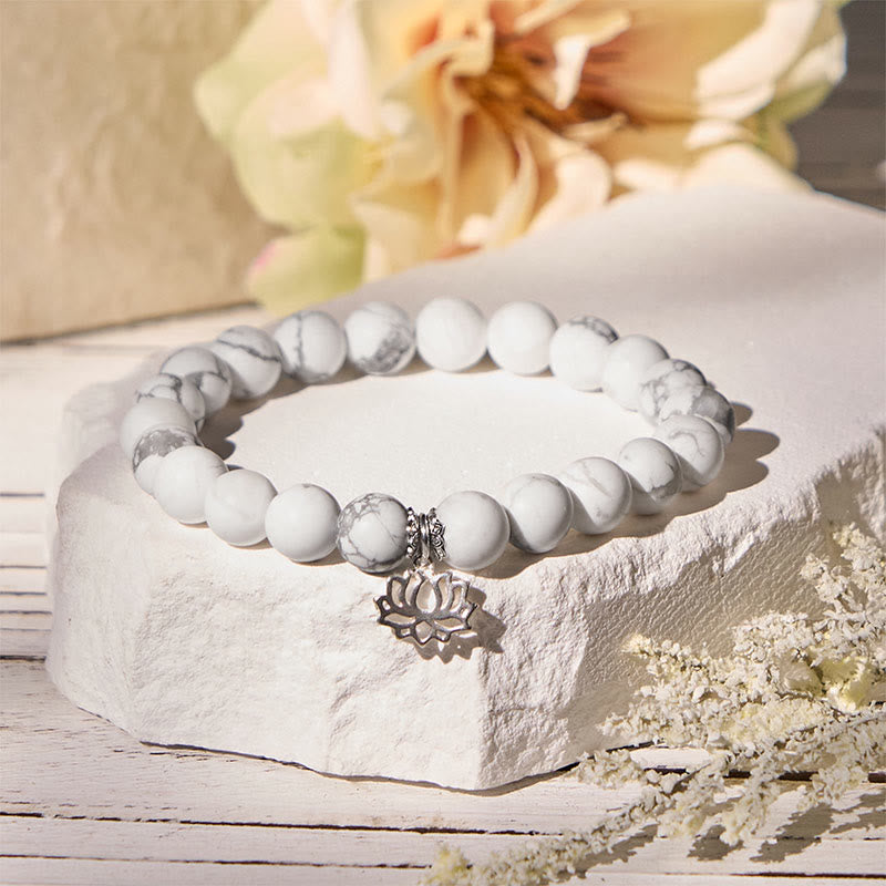 Buddhist Blessing 925 Sterling Silver Lotus Design Natural White Turquoise Wealth Bracelet