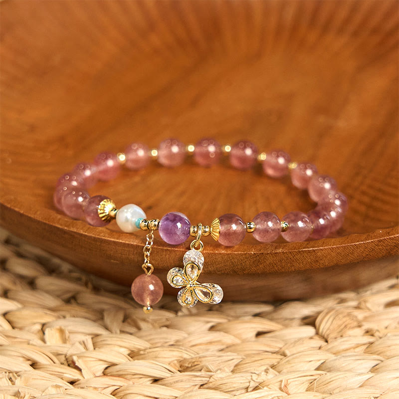 Buddhist Blessing Natural Strawberry Quartz Green Strawberry Quartz Butterfly Charm Love Bracelet