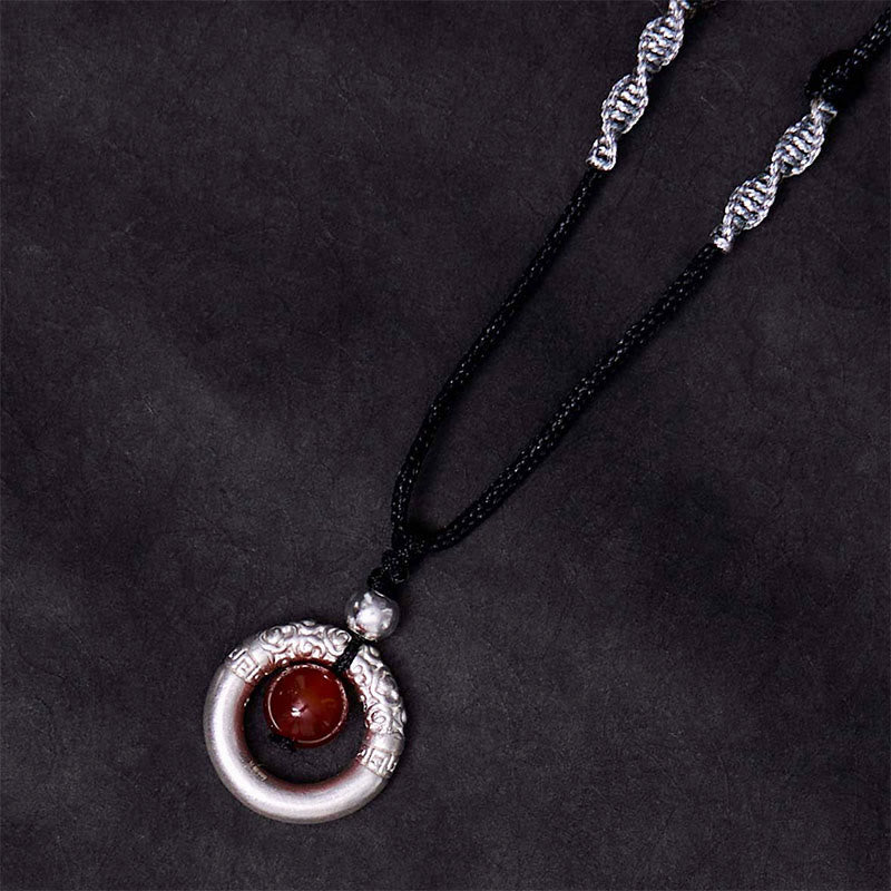 Buddhist Blessing 999 Sterling Silver Red Agate Peace Buckle Blessing Necklace Pendant