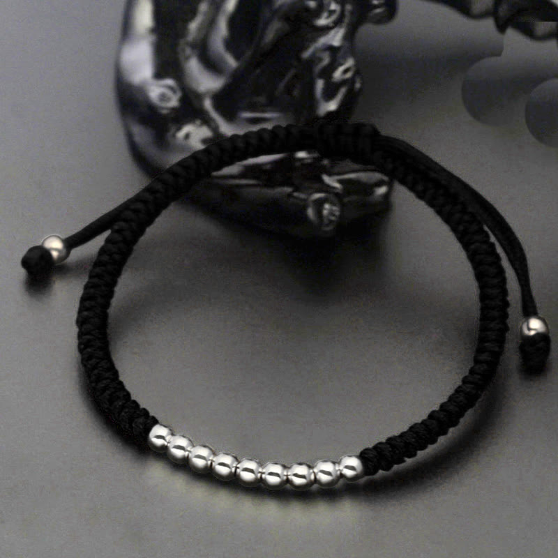 Buddhist Blessing Retro 925 Sterling Silver Simple Beads Knot Design Luck String Bracelet