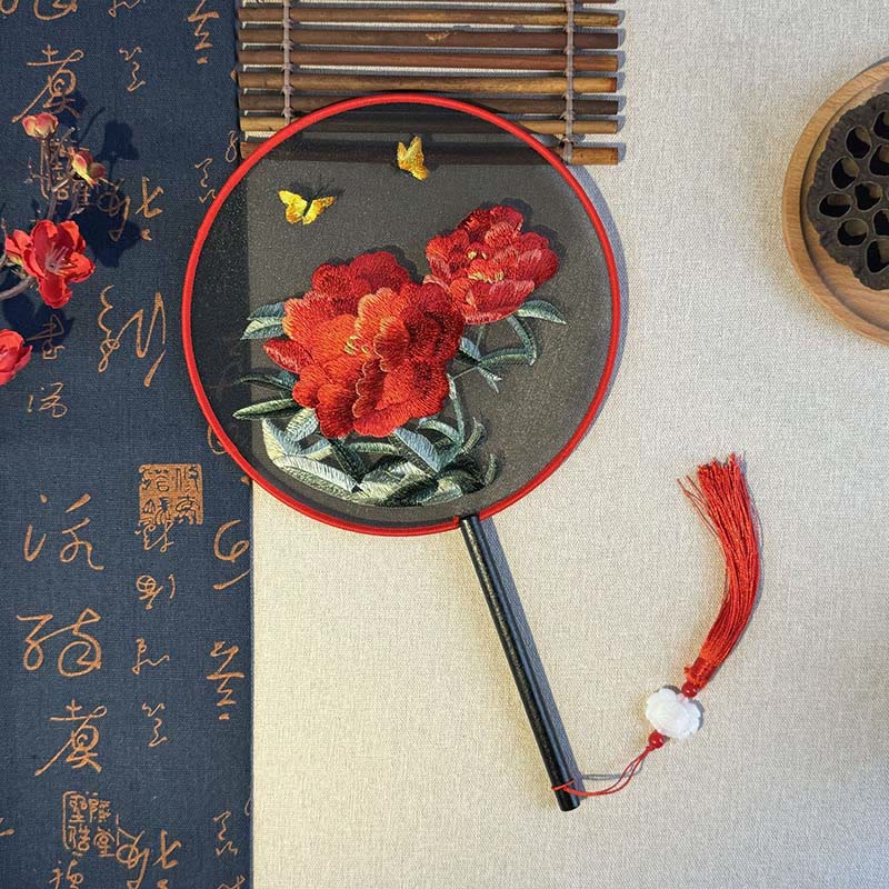 Buddhist Blessing Peony Flowers Butterfly Embroidered Handheld Wood Handle Fan