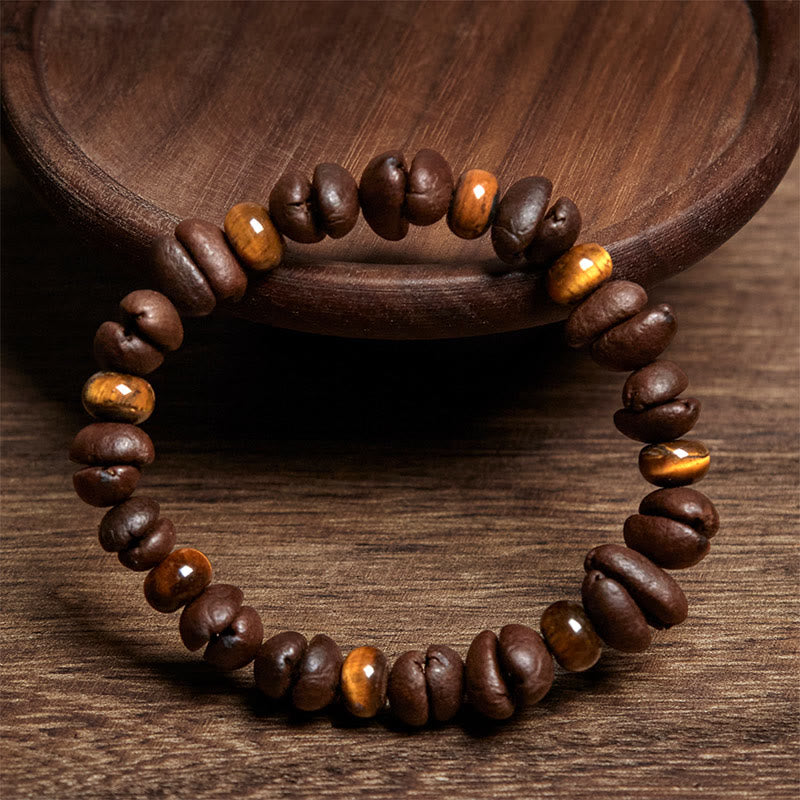Buddhist Blessing Natural Coffee Beans Tiger Eye Grey Jasper Lava Rock Beads Bracelet