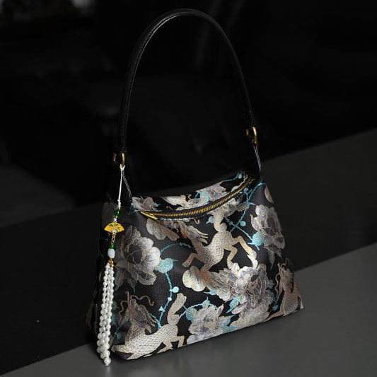 Buddhist Blessing Lotus Bamboo Crane Deer Butterfly Mountain Xiangyunsha Silk Song Brocade Crossbody Bag Shoulder Bag