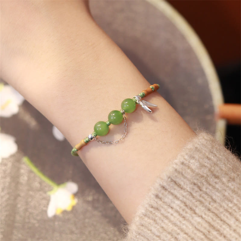 Buddhist Blessing 925 Sterling Silver Bamboo Leaves Hetian Jade Chalcedony Beads Blessing Braided Bracelet