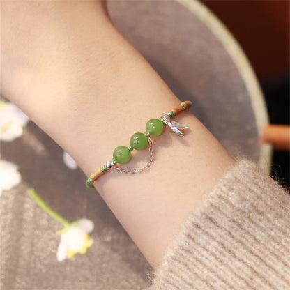 Buddhist Blessing 925 Sterling Silver Bamboo Leaves Hetian Jade Chalcedony Beads Blessing Braided Bracelet