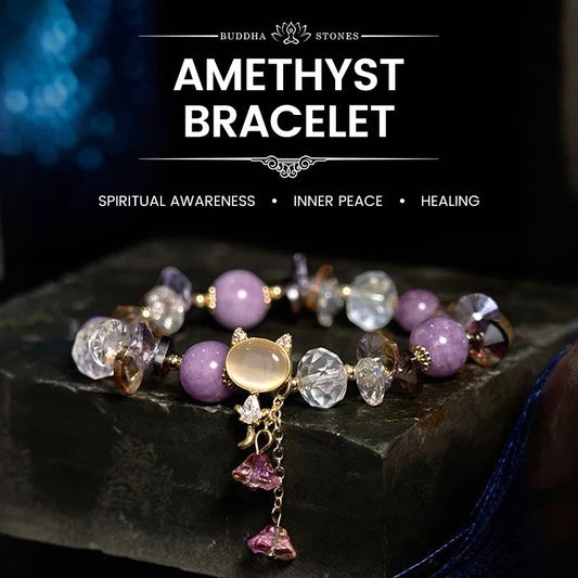 Buddhist Blessing Amethyst Green Crystal Red Crystal Cat Balance Bracelet