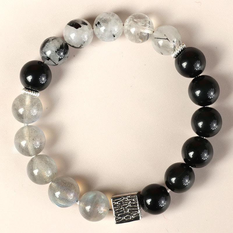 Buddhist Blessing Black Obsidian Black Rutilated Quartz Moonstone Cube Strength Bracelet