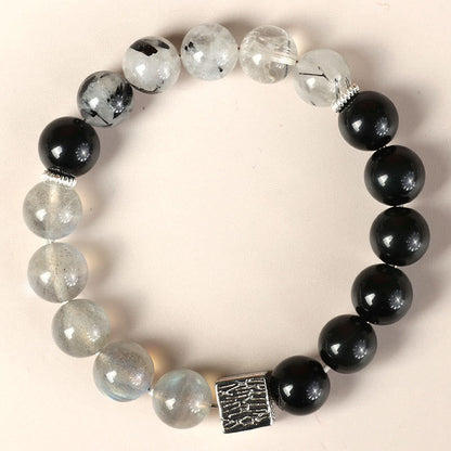 Buddhist Blessing Black Obsidian Black Rutilated Quartz Moonstone Cube Strength Bracelet