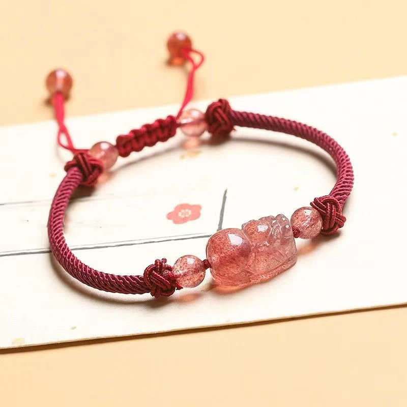 Buddhist Blessing Natural Strawberry Quartz PiXiu Red String Braided Protection Bracelet