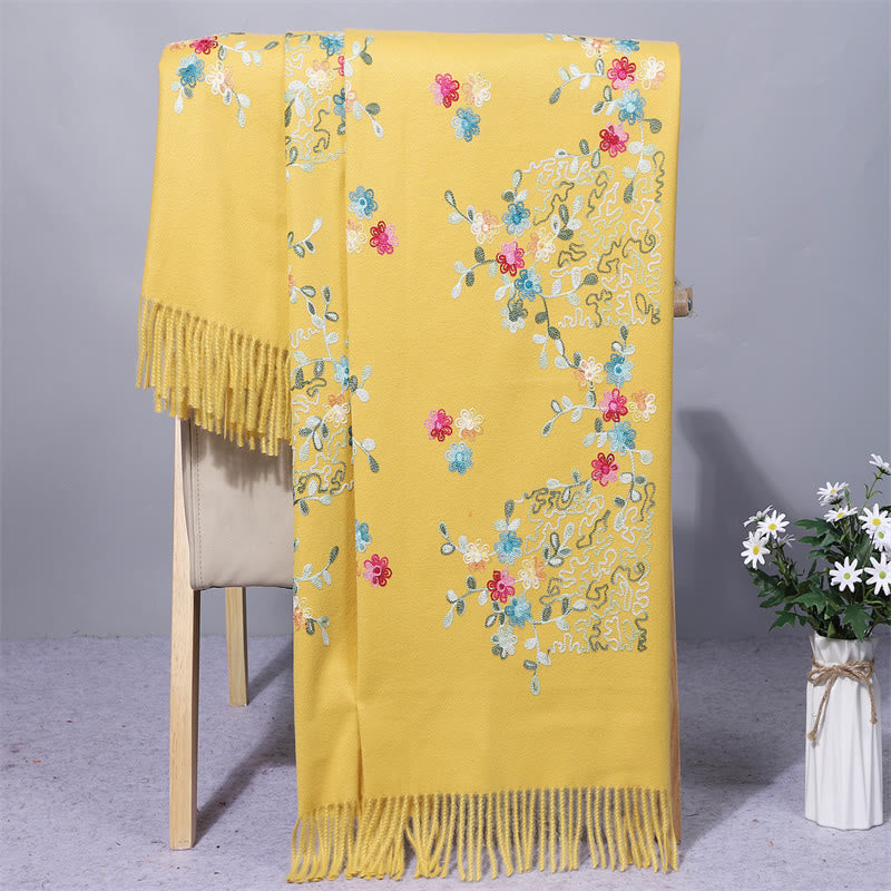 Buddhist Blessing Rayon Fabric Shawl Colorful Small Flowers Embroidery Tassel Winter Cozy Travel Scarf Wrap