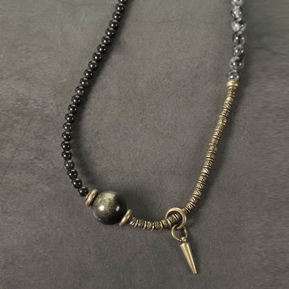 Buddhist Blessing Gold Sheen Obsidian Black Rutilated Quartz Copper Brass Double Wrap Protection Bracelet