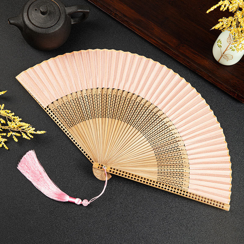 Buddhist Blessing Cranes Auspicious Clouds Solid Color Gradient Handheld Cotton Linen Fabric Bamboo Folding Fan