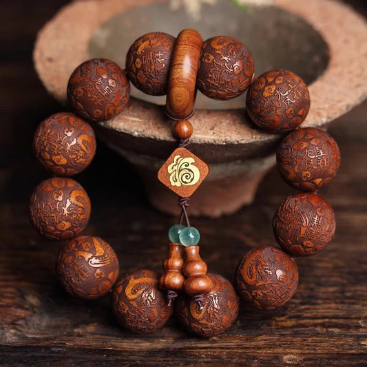 Buddhist Blessing Natural Carving Dragon And Phoenix Fu Character Gourd Rosewood Beads  Warmth Bracelet