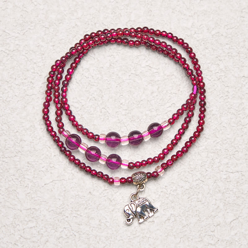Buddhist Blessing Natural Garnet Elephant Abacus Lucky Bag PiXiu Protection Triple Wrap Bracelet