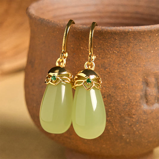 Buddhist Blessing Green Chalcedony Water Drop Strength Copper Posts Earrings