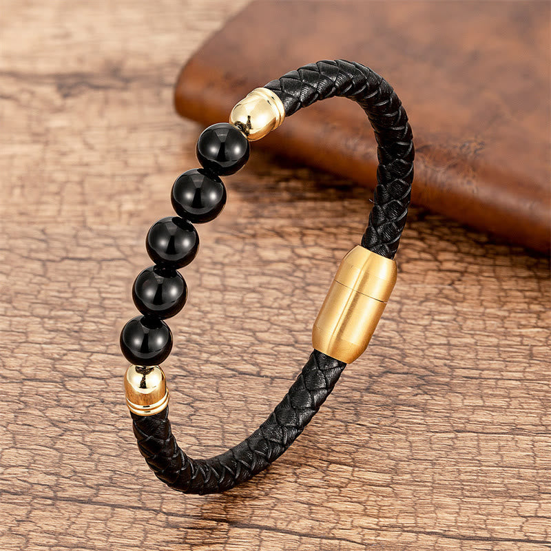 Buddhist Blessing Blue Agate Tiger Eye Lava Rock Black Onyx Lazurite Bead Protection Leather Bracelet