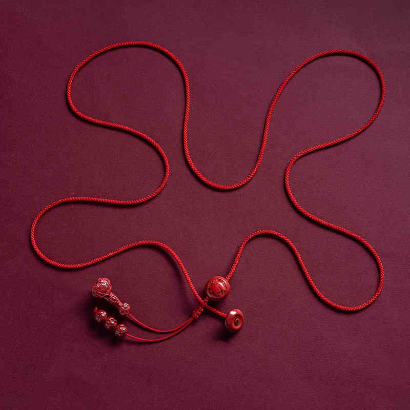 Buddhist Blessing Natural Cinnabar Chinese Zodiac Ruyi Handle Fu Character Lotus Blessing Red String Belly Chain