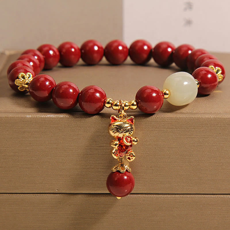 Buddhist Blessing Natural Lucky Cat Pendant Cinnabar Blessing Bracelet