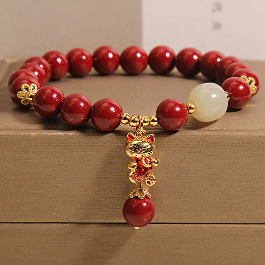 Buddhist Blessing Natural Lucky Cat Pendant Cinnabar Blessing Bracelet