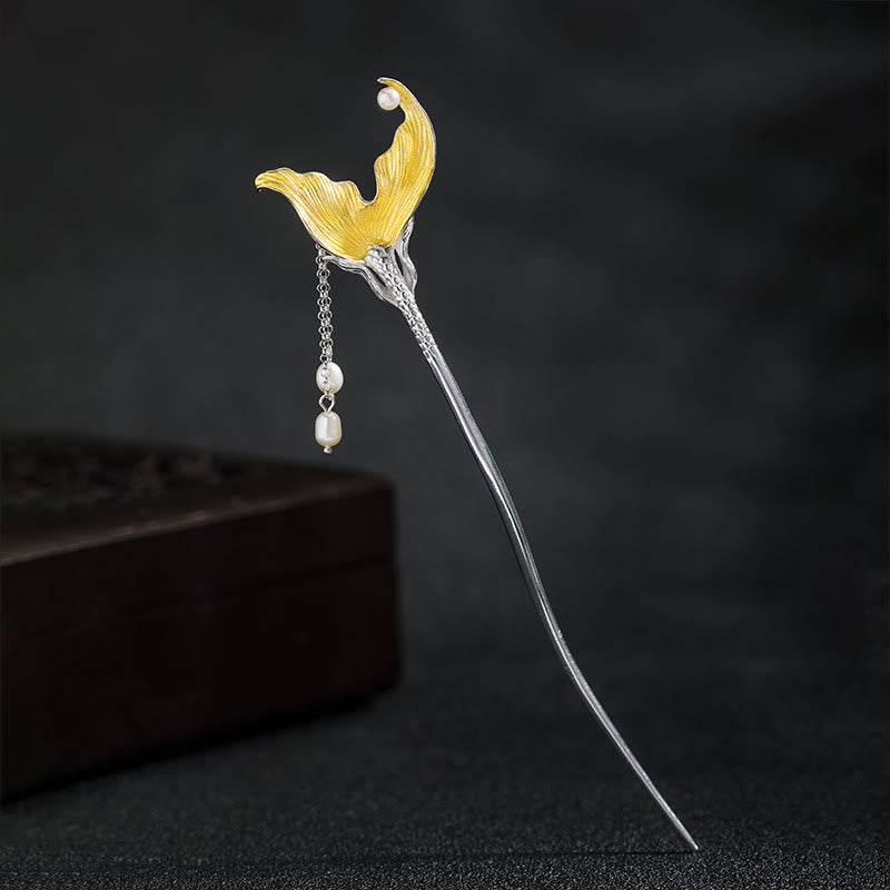 Buddhist Blessing 925 Sterling Silver Classical Chinese Style Fish Tail Pearl Tassel Calm Hairpin