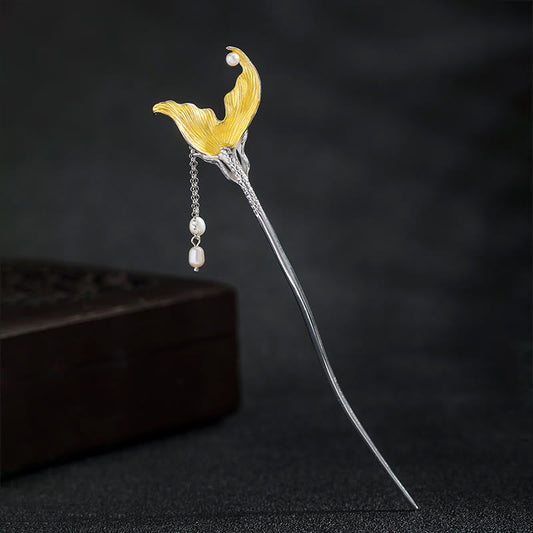 Buddhist Blessing 925 Sterling Silver Classical Chinese Style Fish Tail Pearl Tassel Calm Hairpin