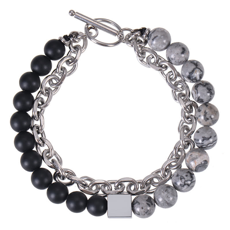 Buddhist Blessing Colorful Tiger Eye Frosted Stone Black Magnetite Titanium Steel Double Wrap Protection Bracelet